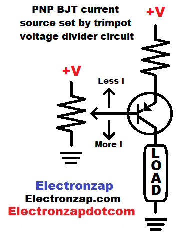 Simple pnp bipolar junction transistor BJT current source set by trimpot voltage divider circuit by electronzap electronzapdotcom