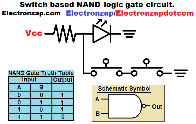 Simple push button switch based NAND logic gate schematic diagram by electronzap electronzapdotcom