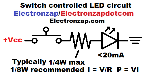Simple pushbutton switch controlled LED circuit schematic diagram by electronzap electronzapdotcom