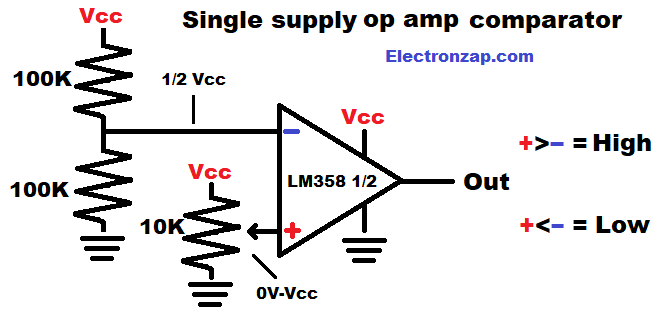 Simple single supply op amp comparator using voltage dividers schematic diagram by electronzap electronzapdotcom