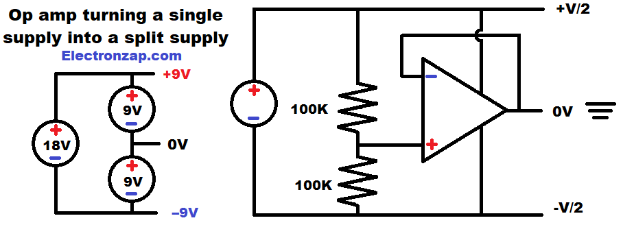 Simple single supply to split dual supply using op amp circuit schematic diagram by electronzap electronzapdotcom