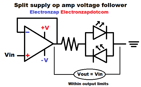 Simple split suppy op amp voltage follower with polarity indicator LEDs load circuit schematic by electronzap electronzapdotcom
