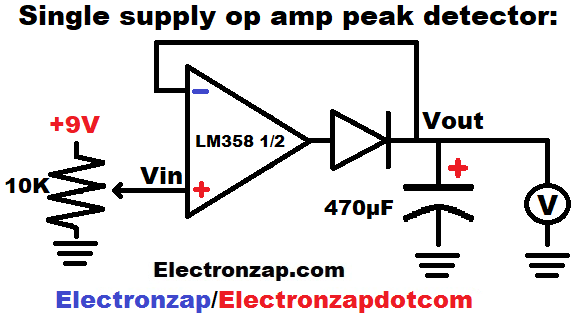 Single supply op amp peak detector circuit schematic diagram by electronzap