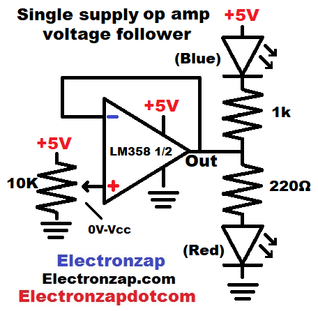 Single supply op amp voltage follower using LM358 IC schematic diagram by electronzap