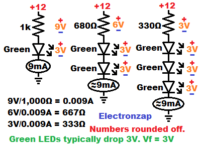 Stacking voltage drops of LEDs and picking resistor to get 9mA while powered at 12V schematic diagram by electronzap