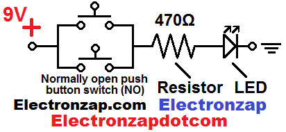 Switch based OR gate with LED load demonstration circuit schematic diagram by electronzap electronzapdotcom