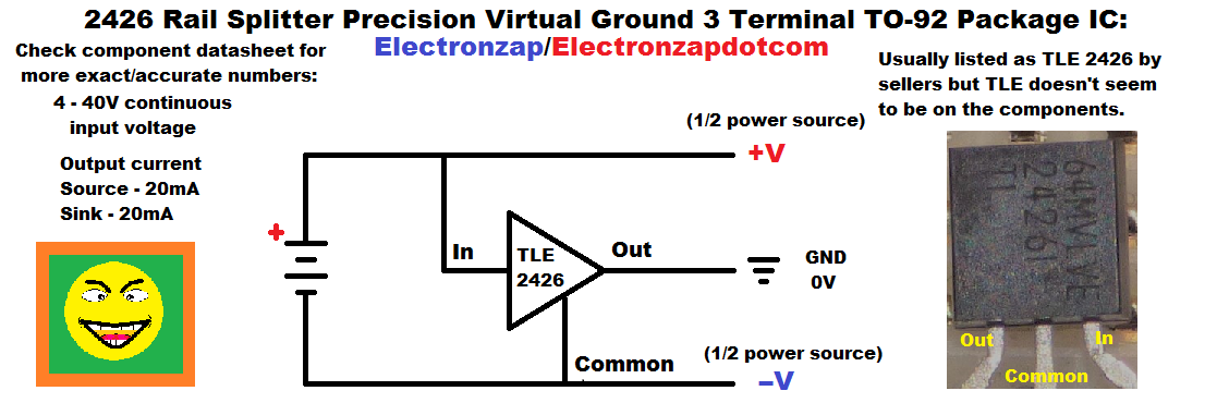 TLE 2426 Rail Splitter Precision Virtua Ground 3 Terminal TO 92 package integrated circuit IC diagram by electronzap electronzapdotcom