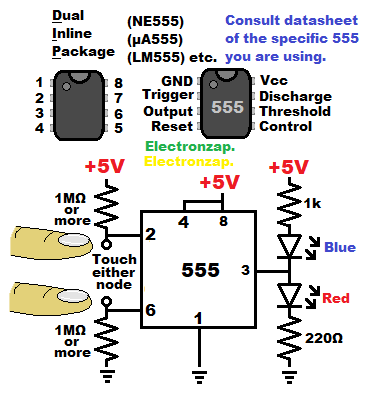 Touch based bistable 555 timer circuit with LEDs output learning electronics lesson 0065