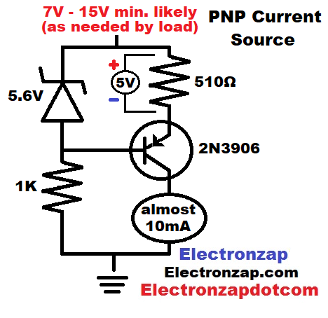 Zener diode setting PNP BJT current source 2N3906 bipolar junction transistor schematic diagram by electronzap