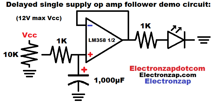Delayed single supply op amp voltage follower circuit schematic diagram by electronzap