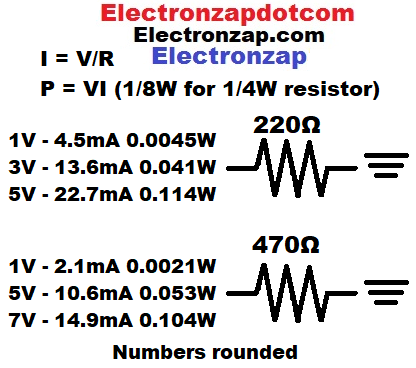 220 and 470 ohm resistor current and wattage examples diagram by electronzap electronzapdotcom