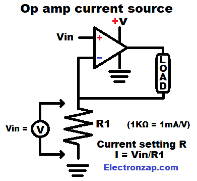 Simple single supply op amp current source circuit schematic diagram by electronzap electronzapdotcom