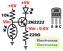 Darker light dependent resistor LDR equals more light 2N2222 NPN BJT transistor current source