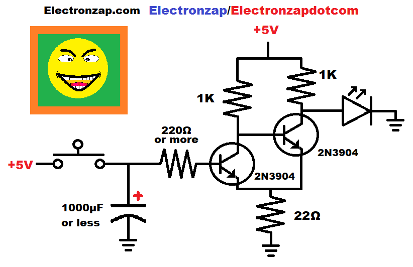 RC time delay off schmitt trigger 2N3904 NPN BJT demonstration circuit schematic diagram by Electronzap Electronzapdotcom