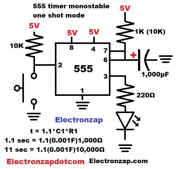Simple 555 timer monostable one shot mode circuit schematic diagram by electronzap electronzapdotcom