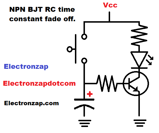 Simple NPN BJT RC time constant fade off switch circuit schematic diagram by electronzap electronzapdotcom