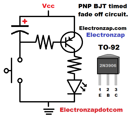 Simple PNP BJT timed fade off switch circuit schematic diagram by electronzap electronzapdotcom