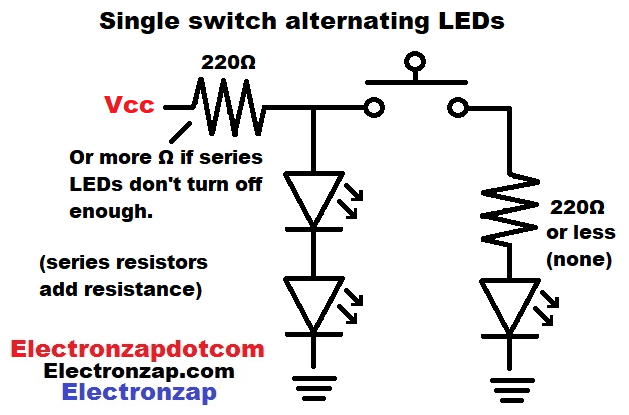 Simple single switch controlled alternating flashing LEDs circuit schematic diagram by electronzap electronzapdotcom
