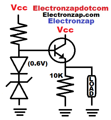Simple zener diode power amplified by NPN bipolar junction transistor BJT emitter follower circuit schematic diagram by electronzap electronzapdotcom