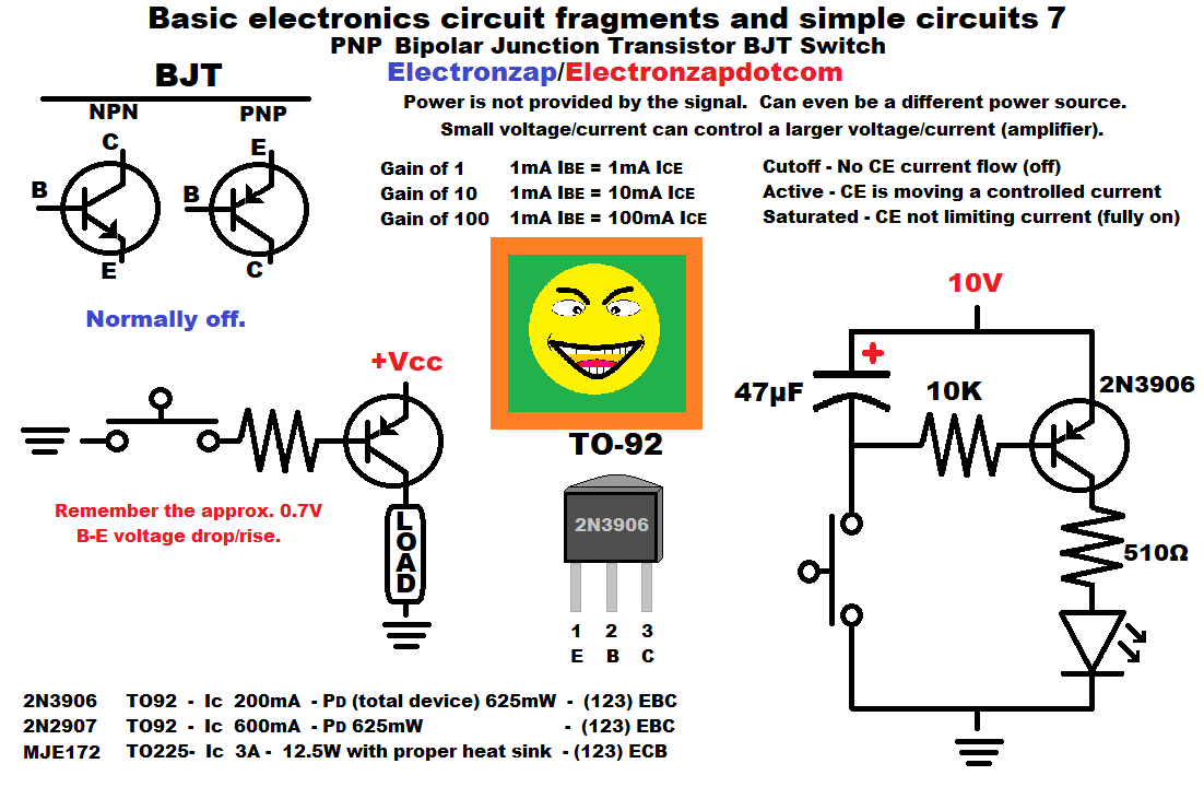Basic electronics circuit fragments and simple circuits 7 PNP Bipolar Junction Transistor BJT Switch and capacitor fade off diagram by electronzap electronzapdotcom