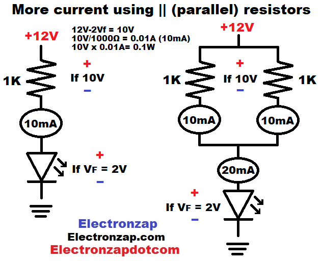 Getting more current by using parallel resistors schematic diagram by electronzap