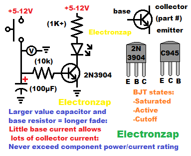 LED fade off using NPN bipolar junction transistor BJT switch with capacitor for learning electronics lesson 0014