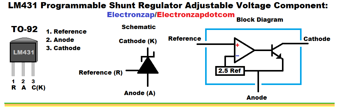 LM431 Programmable Shunt Regulator Adjustable Voltage component diagram by electronzap electronzapdotcom