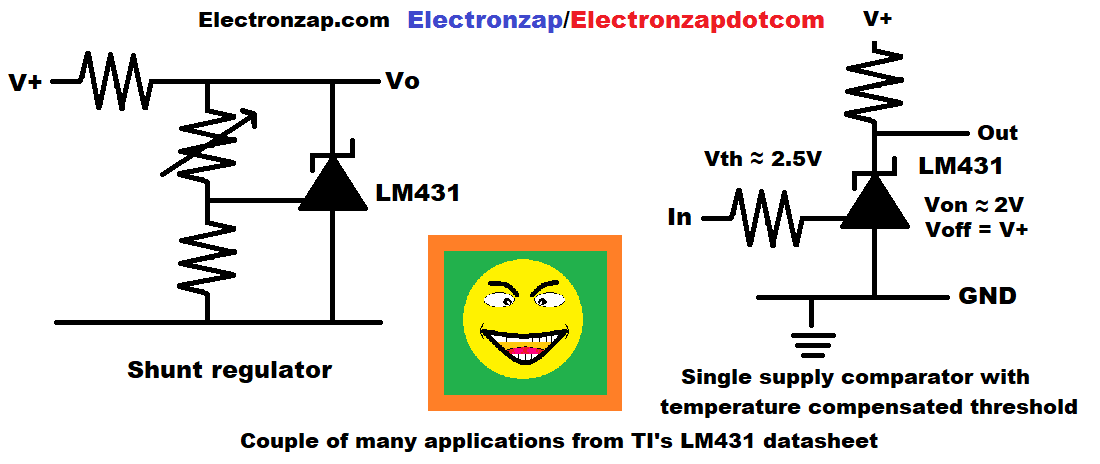LM431 shunt regulator and single supply comparator schematic diagrams by electronzap electronzapdotcom