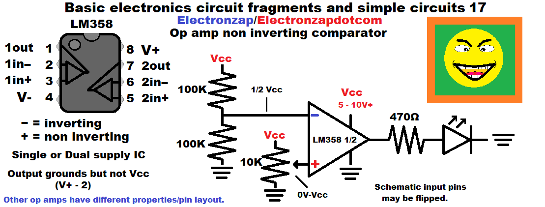 Basic electronics circuit fragments and simple circuits 17 LM358 Operational Amplifier Op Amp noninverting comparator diagram by electronzap electronzapdotcom