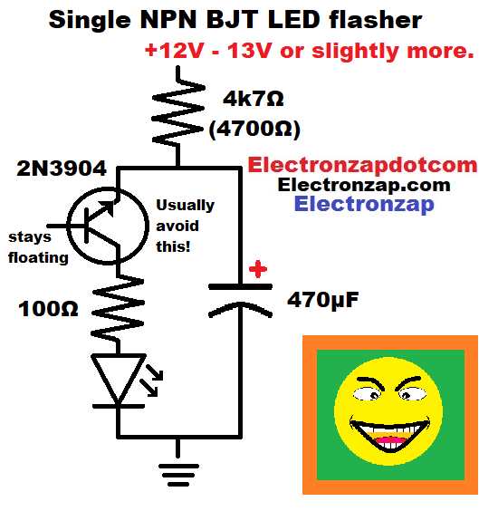 Single 2N3904 NPN bipolar junction transistor BJT LED flasher circuit schematic diagram by electronzap