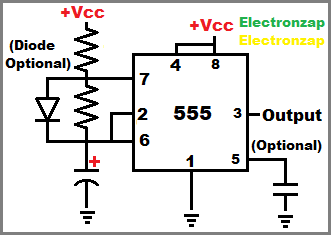 Basic astable mode 555 timer circuit schematic by electronzap