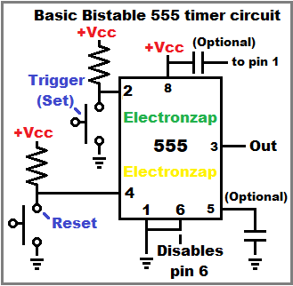 Basic bistable 555 timer circuit schematic diagram by electronzap