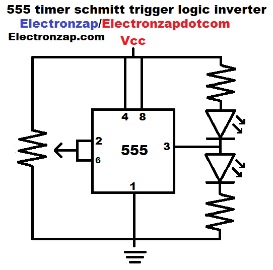 Simple 555 timer Schmitt trigger logic inverter circuit schematic diagram by electronzap electronzapdotcom