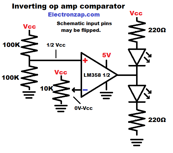 Simple inverting comparator using LM358 op amp circuit schematic diagram by electronzap electronzapdotcom