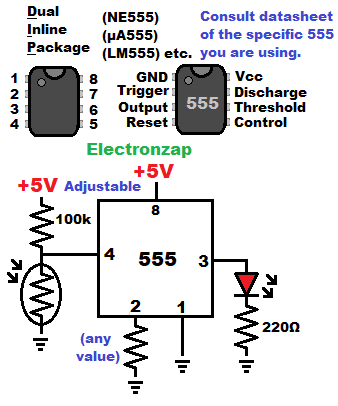 555 output high and LED on only when it is dark using LDR circuit diagram by electronzap