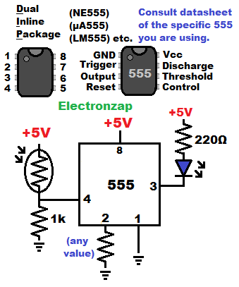 555 output low and LED on only when it is dark using LDR circuit schematic diagram by electronzap