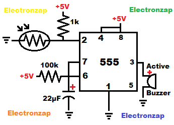 Bright light starts short alarm using Light Dependent Resistor LDR monostable mode 555 timer circuit schematic diagram by electronzap