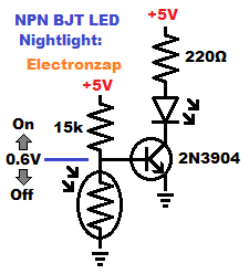 NPN 2N3904 Bipolar Junction Transistor BJT indicator LED Nightlight circuit schematic diagram by Electronzap