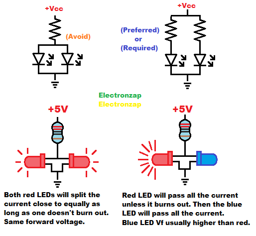 Parallel LEDs should have or need their own protective resistor learning electronics shorts 102
