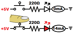 Push button switch controlled LED and resistor circuit schematic learning electronics shorts 9