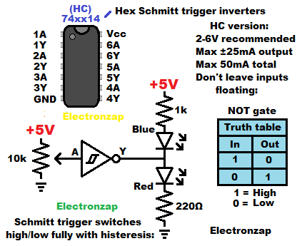 7414 74HC14 hex inverting schmitt trigger integrated circuit schematic symbol truth table pin layout diagram by electronzap