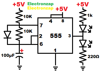 Astable mode 555 timer multivibrator constantly alternating LEDs circuit schematic by electronzap