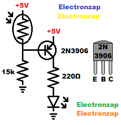 LED on when dark 2N3906 PNP BJT and LDR switch circuit for learning electronics shorts 107