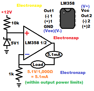 LM358 Op Amp current source set with zener diode for learning electronics shorts 65