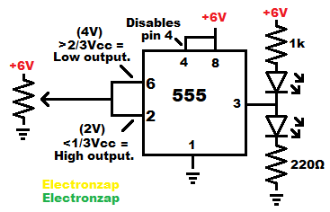 Schmitt trigger digital inverter using 555 timer integrated circuit IC schematic diagram by electronzap