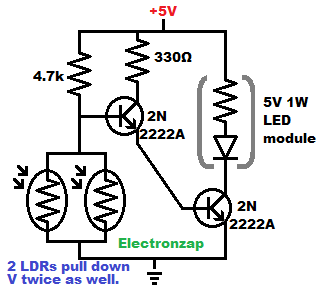 5V 1W LED module night light circuit two 2N2222A NPN BJTs and LDRs learning electronics shorts 120
