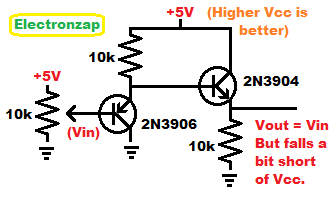 Cascading emitter followers PNP and NPN BJT to offset voltage drops learning electronics shorts 123