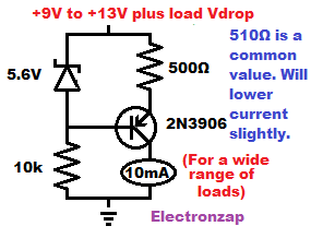 PNP BJT 10mA current source using zener diode and 2N3906 learning electronics shorts 125