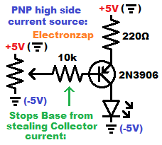 PNP BJT current source sets LED brightness circuit 2N3906 trimpot learning electronics shorts 124