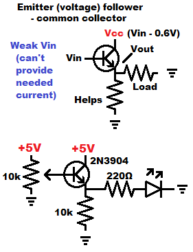 Schematic diagram for a NPN bipolar junction transistor emitter follower aka common collector circuit by electronzap